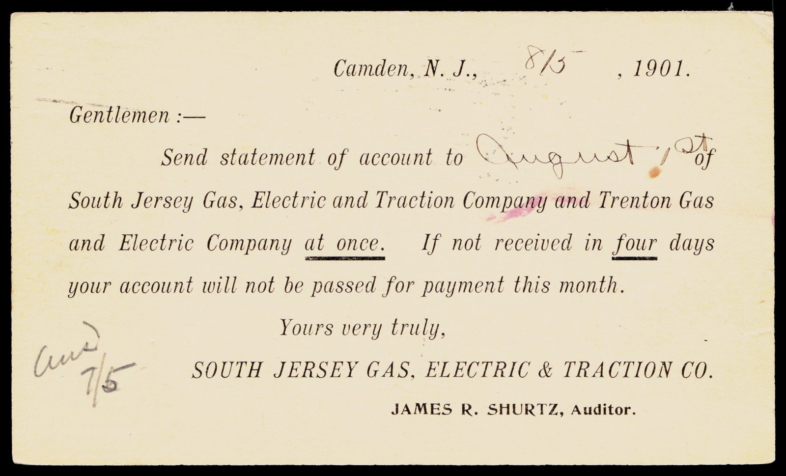 1901 South Jersey Gas Electric Traction Co Camden NJ to JG Brill Postal Card 1901 South Jersey Gas Electric Traction Co Camden NJ to JG Brill Postal Card