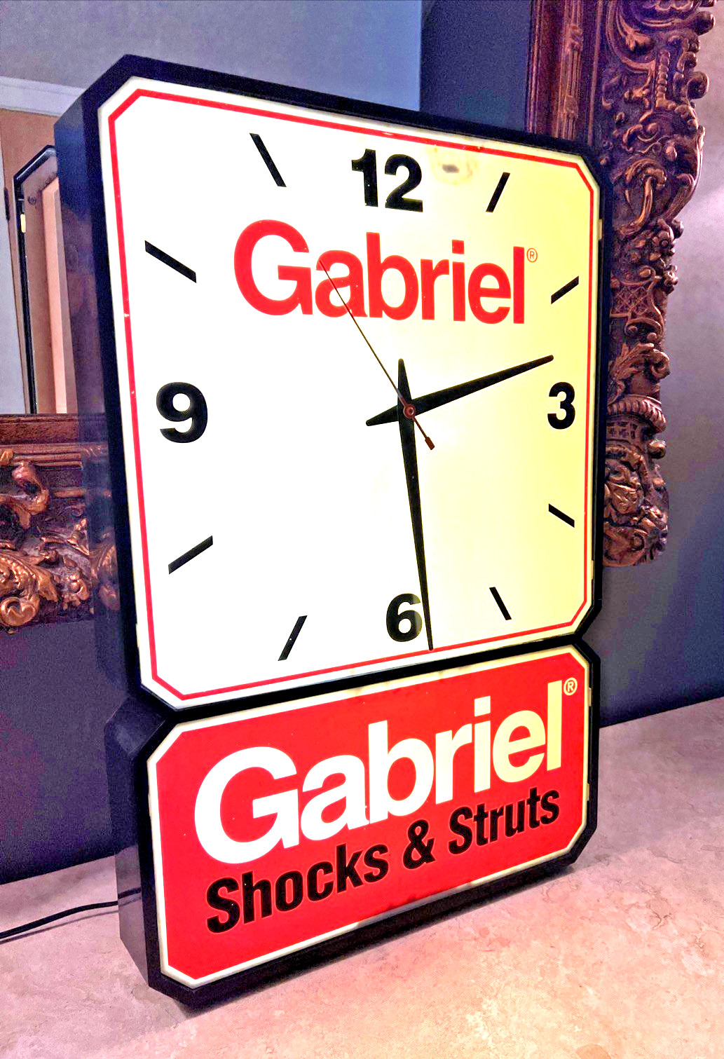 VTG. GABRIEL SHOCKS & STRATS LIGHTED ADVERTISING CLOCK & CLOCK TWO TIER DESIGN VTG. GABRIEL SHOCKS & STRATS LIGHTED ADVERTISING CLOCK & CLOCK TWO TIER DESIGN