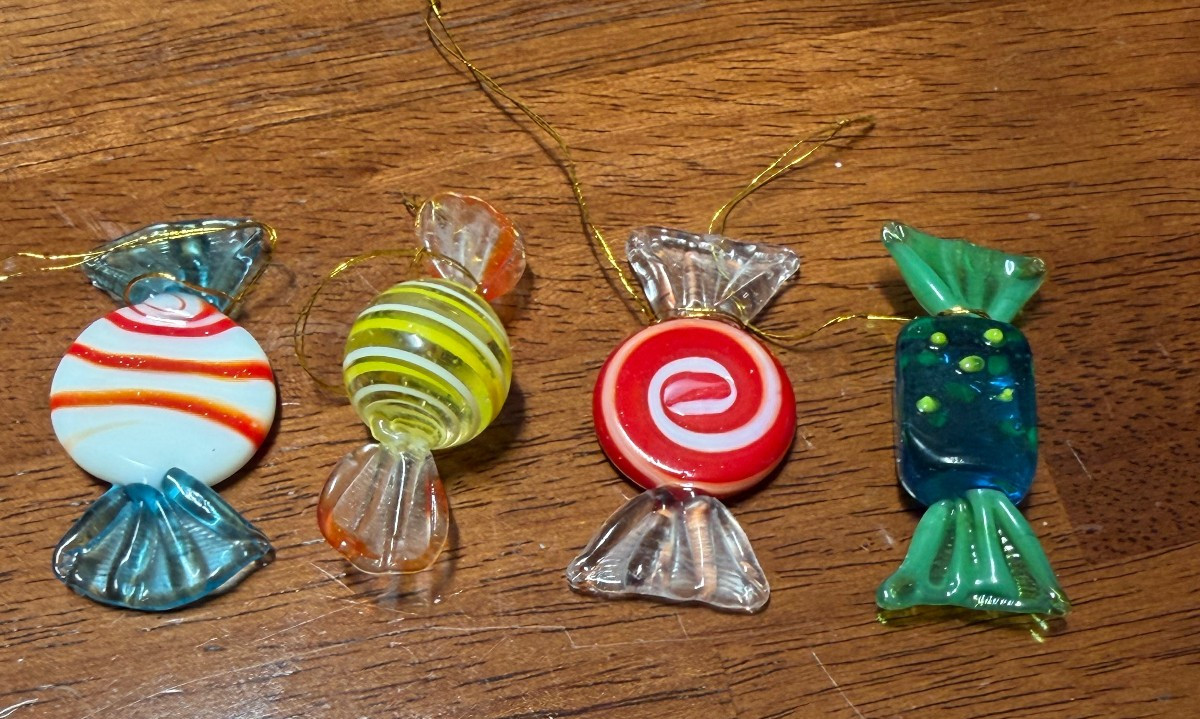 4 Murano Style Hand Blown Glass Candy Striped Ornaments  W/Original Box