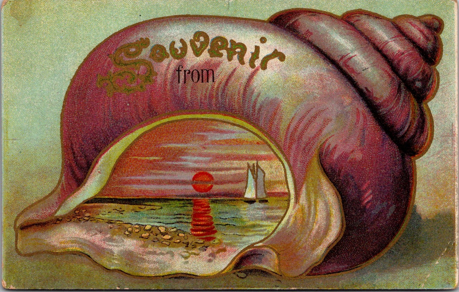 Seashell Sunset Sailboat Souvenir Vintage Postcard 4P23-25 Seashell Sunset Sailboat Souvenir Vintage Postcard 4P23-25