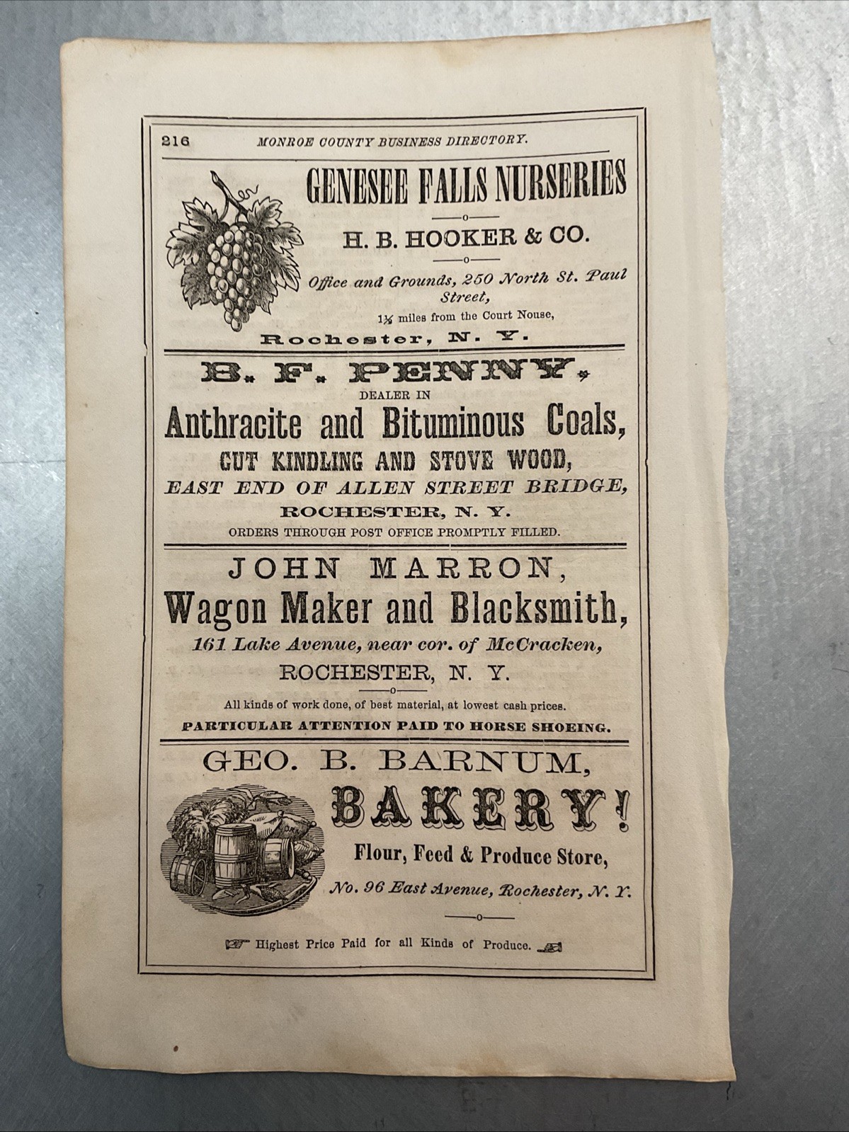 1869 Authentic Paper Ad Hooker Nurseries, John Marron Blacksmith Rochester NY