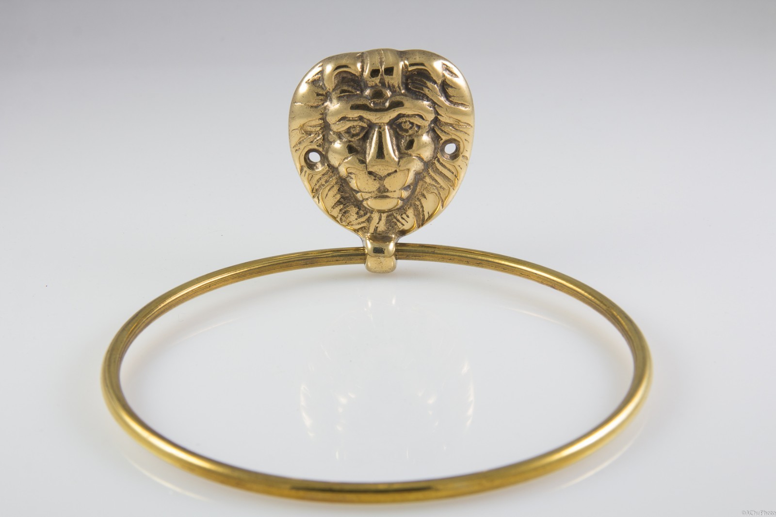 Vintage Golden Brass Lion Mane Head Hand Towel Holder Loop Ring Bathroom Dish 