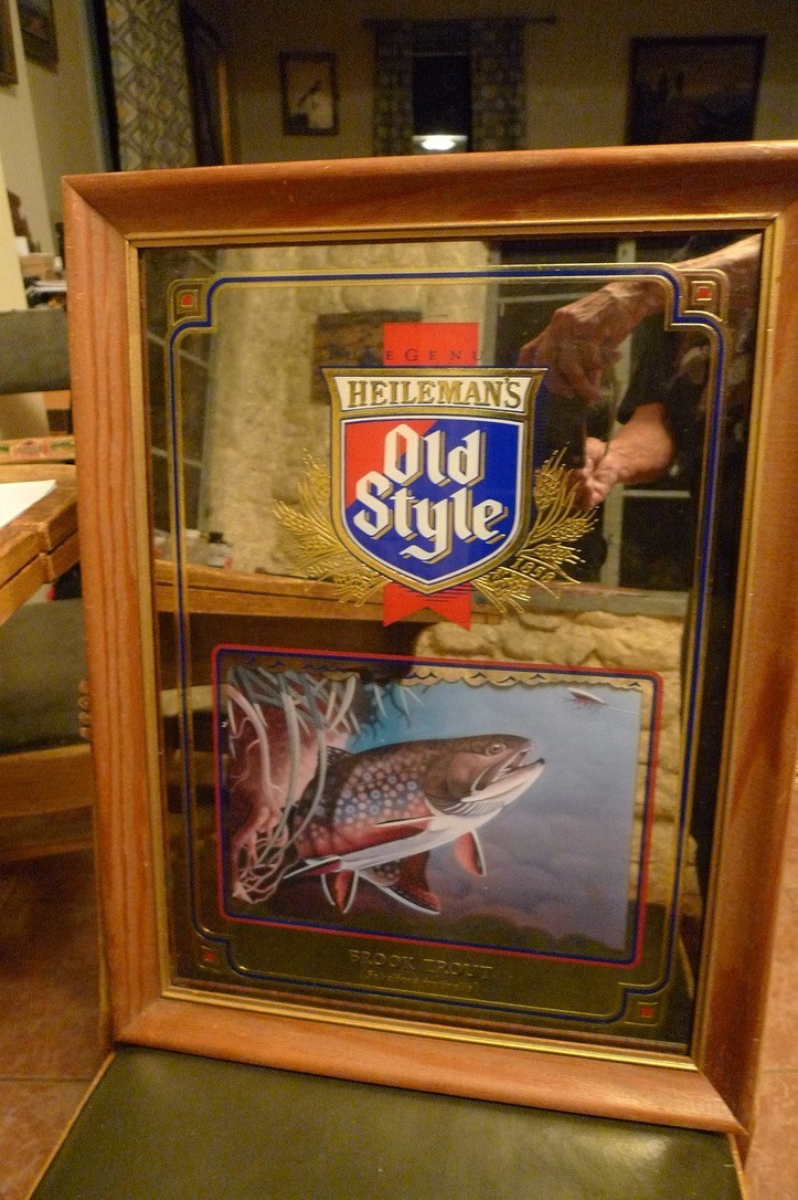 Vintage 1992 Heileman\'s Old Style Beer Mirrored Bar Sign with Brook Trout
