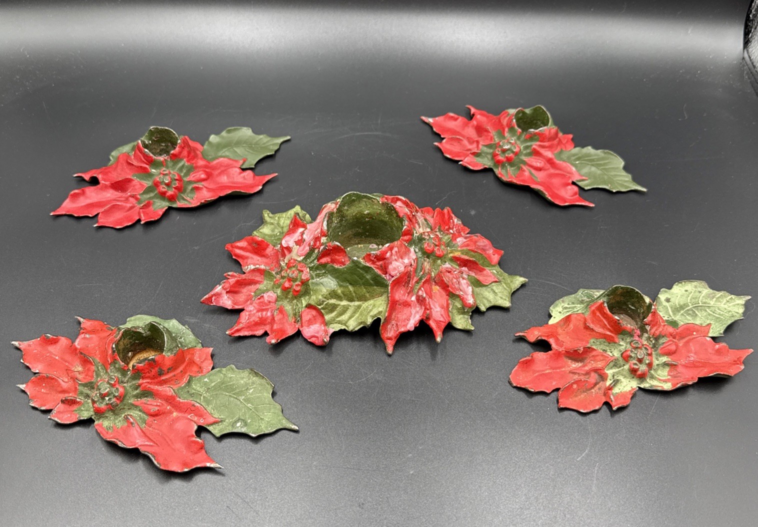 Antique 1920s Cast Iron Christmas Poinsettia Candle Holders Set of 5 LVL Read