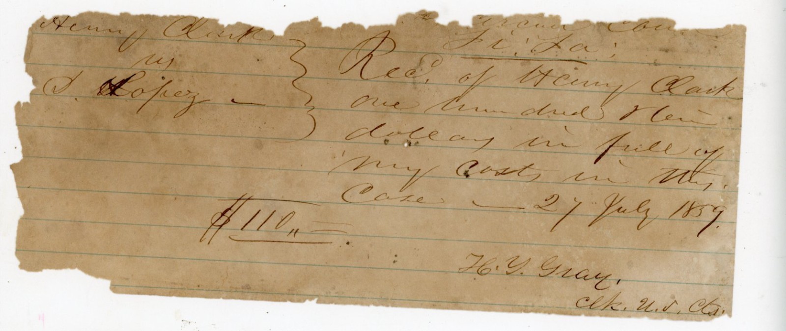 1859 Antique Legal Receipt Henry Clark Signed HY Gray US Court Clerk Signed