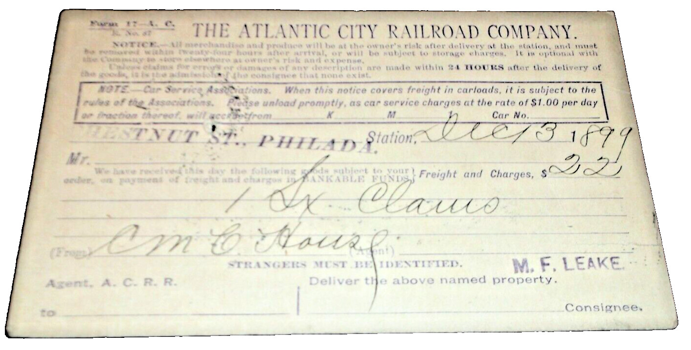 DECEMBER 1899 ATLANTIC CITY RAILROAD COMPANY PRSL FREIGHT DELIVERY NOTICE