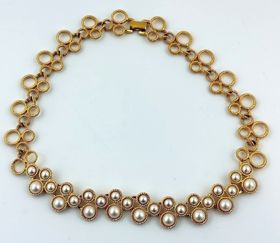 Vtg Collier Napier Gold Tone Faux Pearl Textured Circle Link Statement Necklace