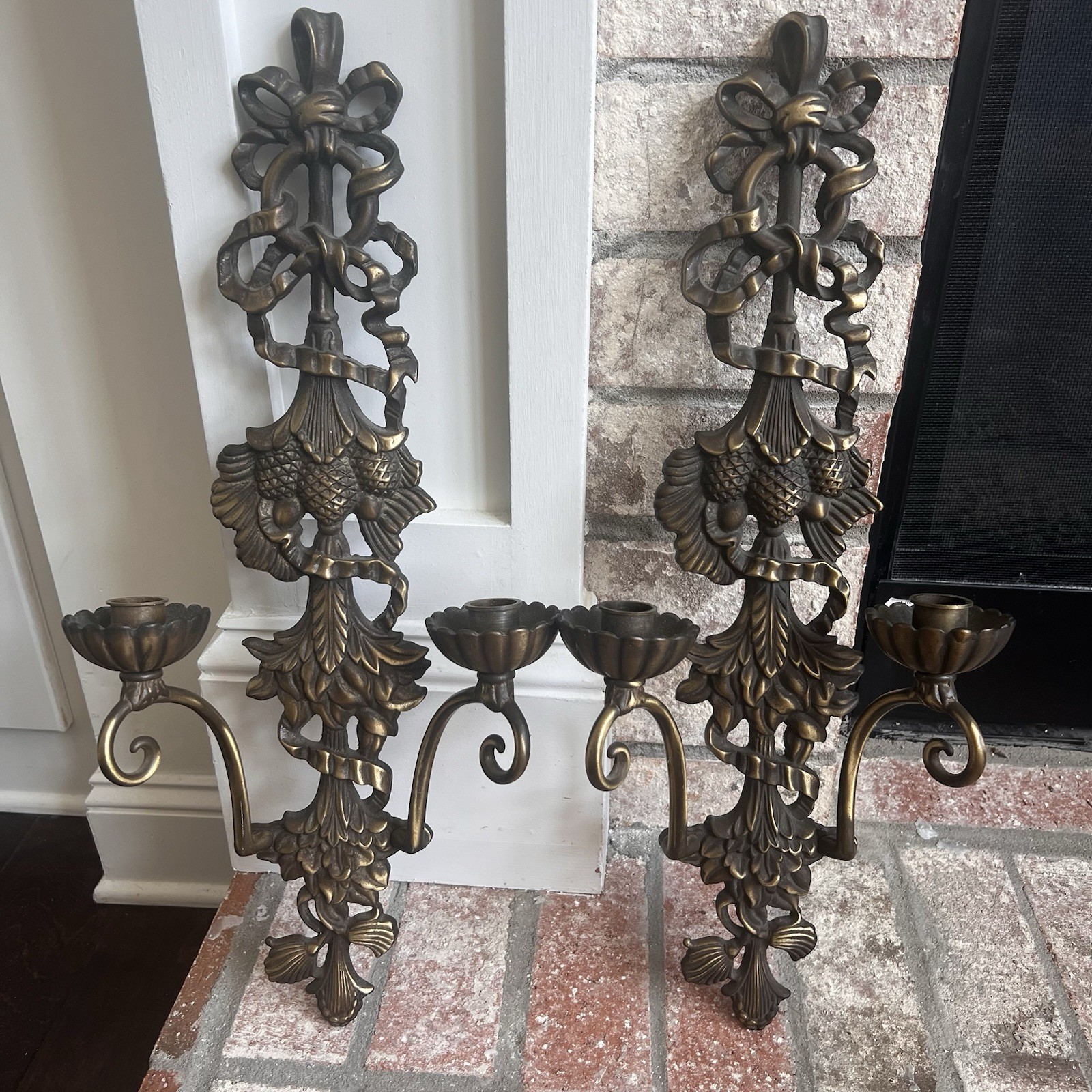 Pair Neoclassical Victorian Revival Bronze Candelabra Wall Sconces Double Arm 21
