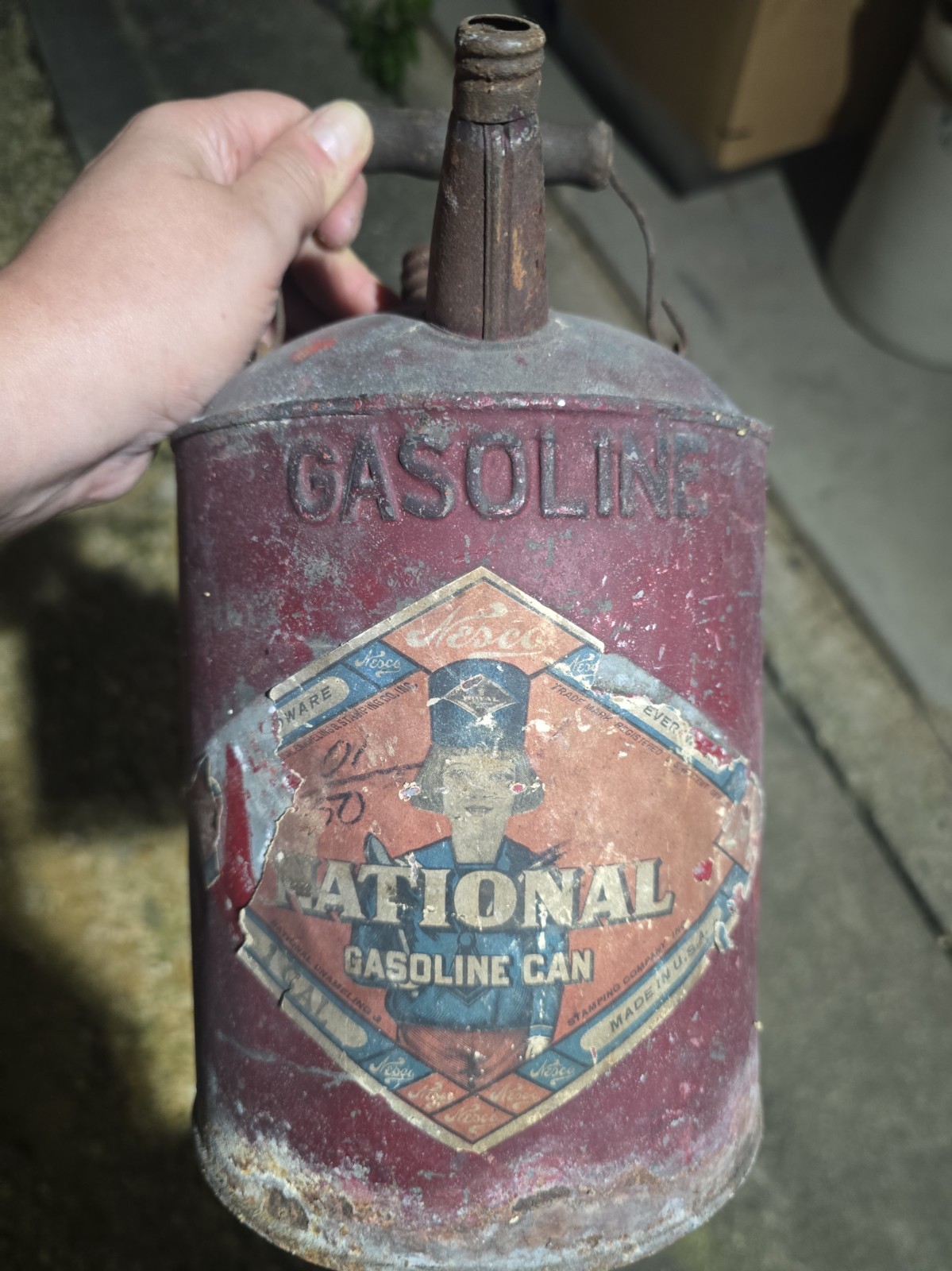 VINTAGE NATIONAL GASOLINE CAN NESCOWARE COPYRIGHT 1912 NATIONAL ENAMELING GAS