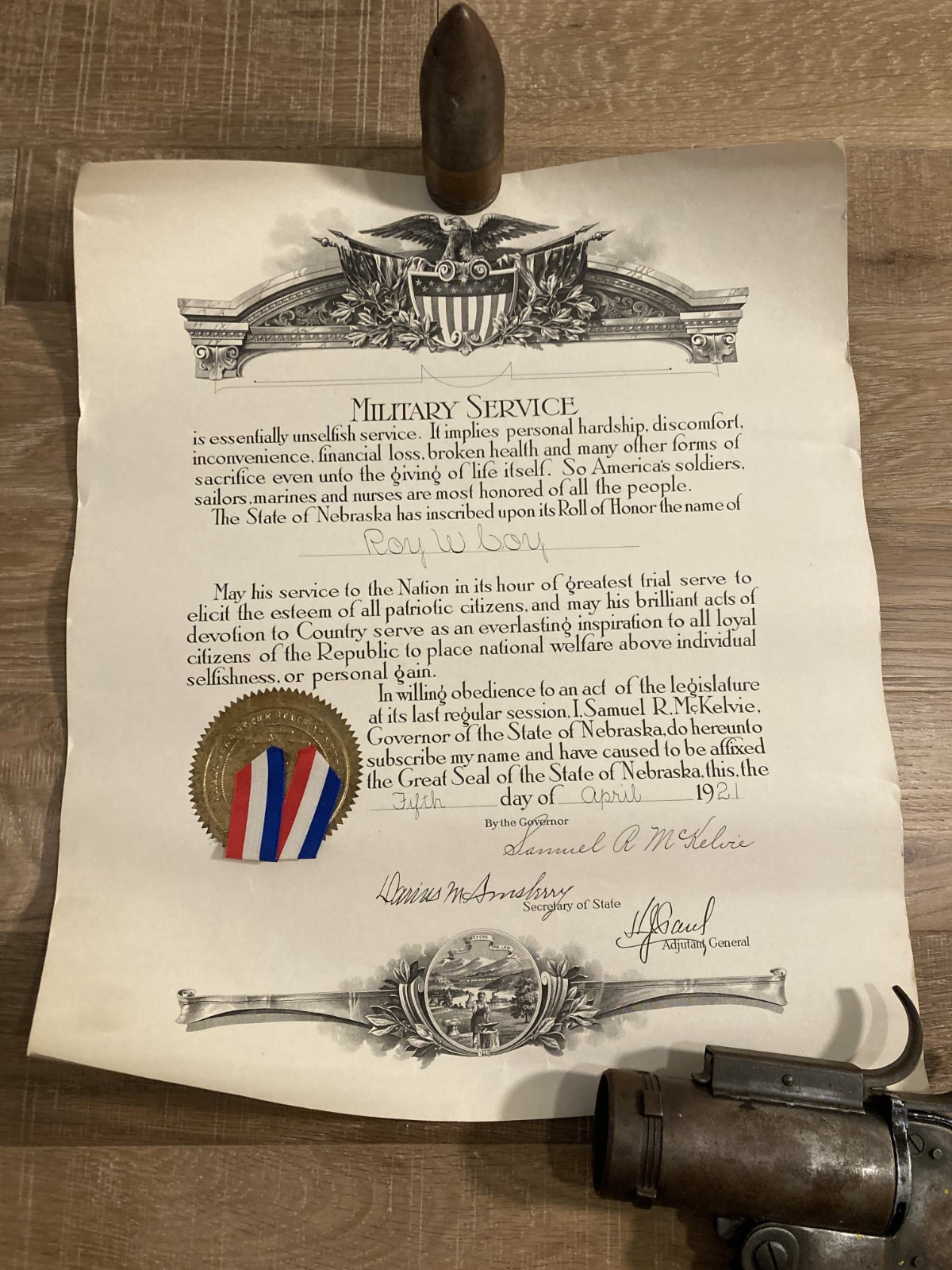 1921 Nebraska WWI Military Service Roll Of Honor Certificate Signed Document