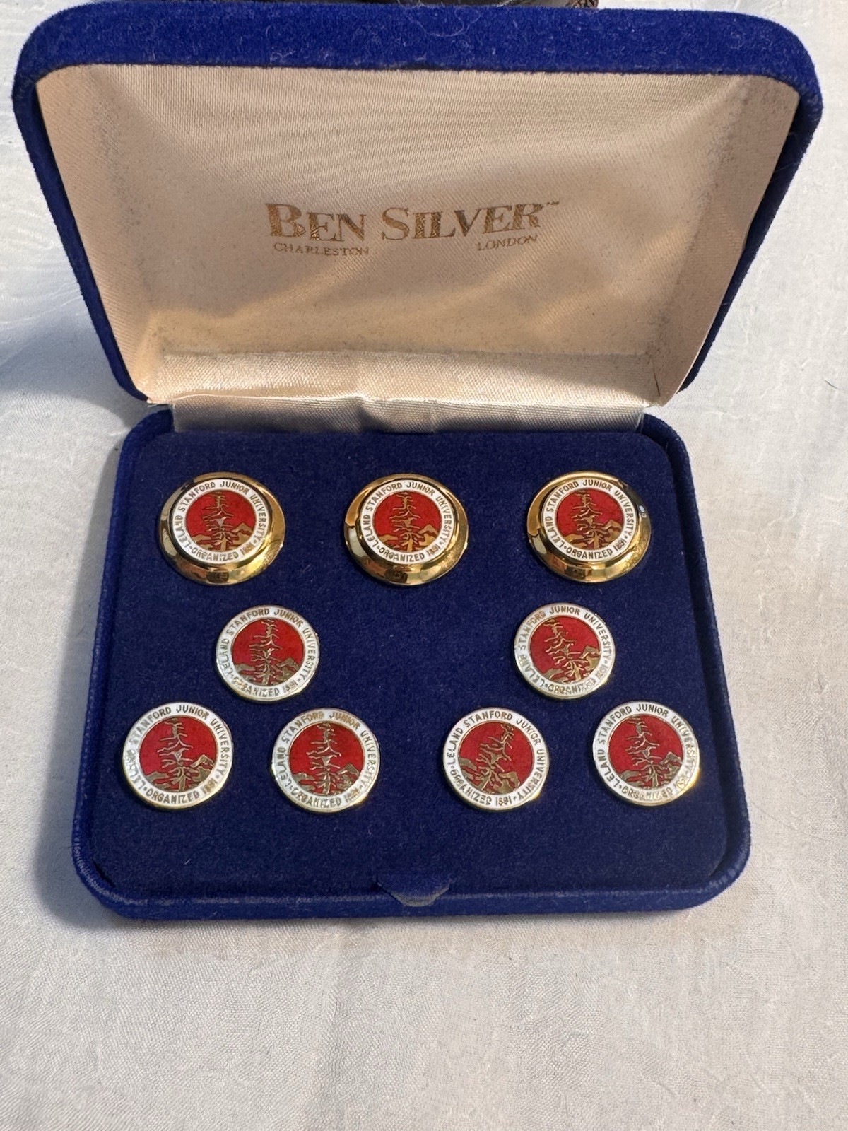 New/Old VTG BEN SILVER Red Enamel & Gold Buttons Leland Stanford University