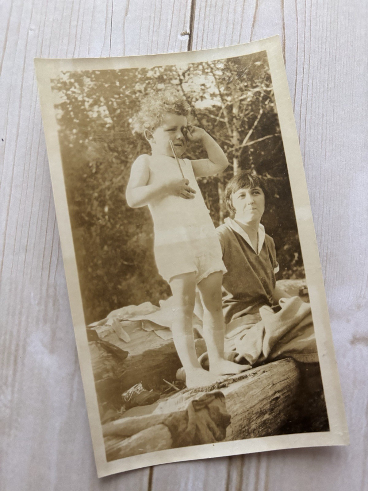 Antique Snapshot Photo Unhappy Little Child Crying Tired By Creek 1920s