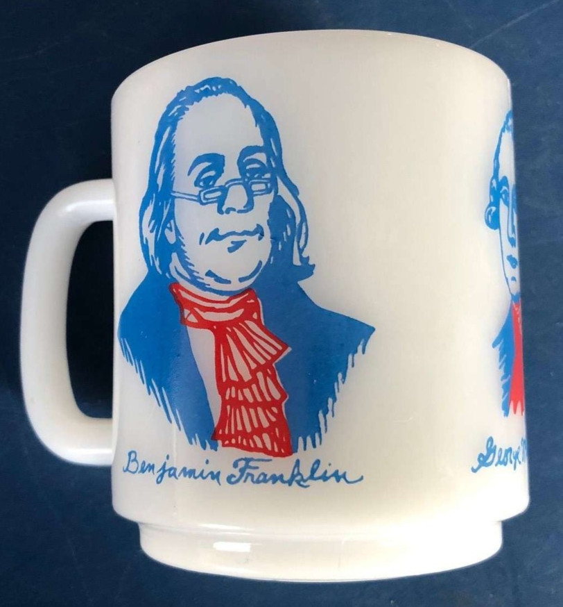 Vintage Glasbake Milk Glass Bicentennial Mug Franklin Washington Jefferson Vintage Glasbake Milk Glass Bicentennial Mug Franklin Washington Jefferson