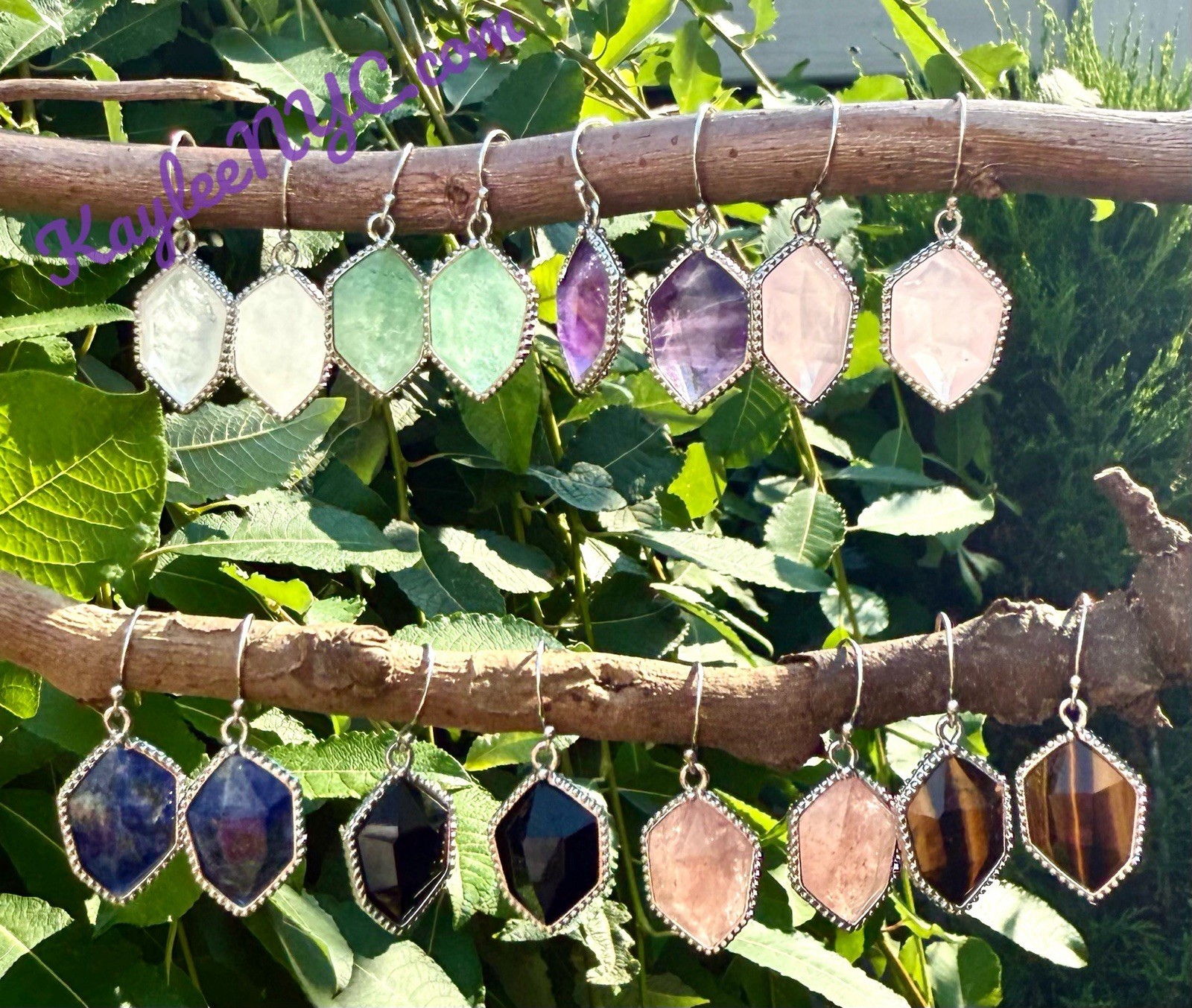 Wholesale Lot 8 Pairs Natural Hexagon Crystal Sterling Silver Dangling Earring