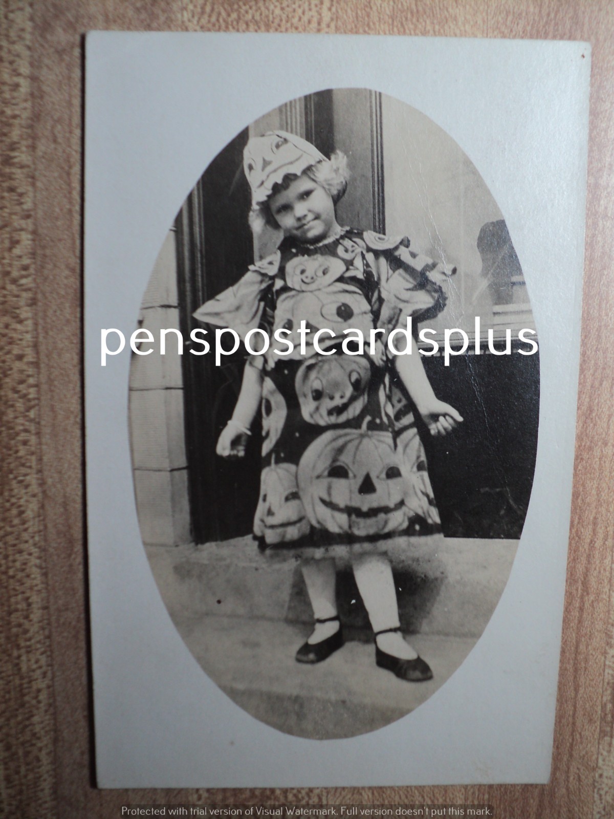 HALLOWEEN Girl in Jack-O-Lantern Dress & Hat vintage 1914 RPPC Postcard