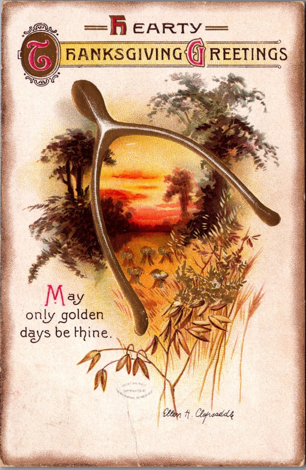 Ellen H. Clapsaddle Thanksgiving Wishbone Sunset Postcard 1912 Posted Ellen H. Clapsaddle Thanksgiving Wishbone Sunset Postcard 1912 Posted