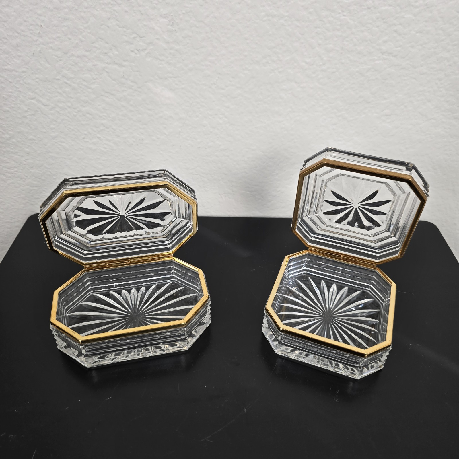 Pair Of Vintage German Lead Crystal Octagonal & Square Crystal Jewelry Boxes
