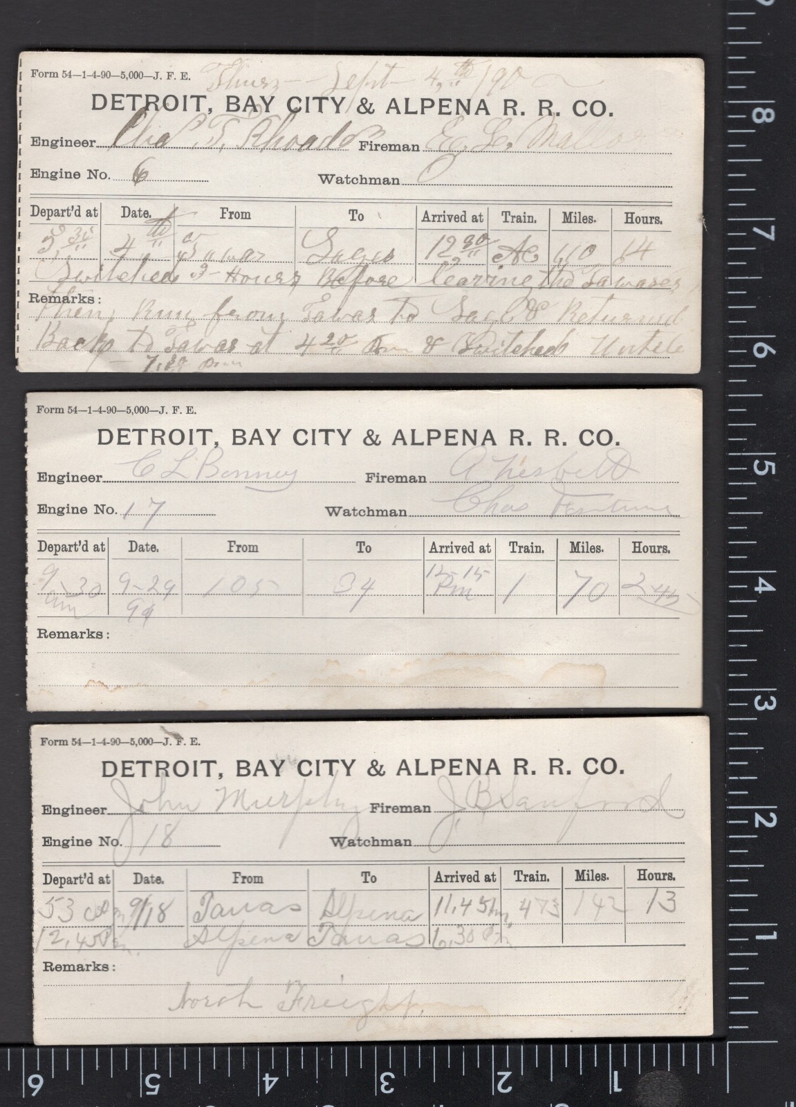 (3) 1901 DETROIT~BAY CITY & ALPENA RAILROAD RAILWAY RR LOG USED RECEIPTS  C521