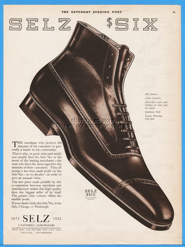 1922 SELZ Six Leather SHOES 1920's Mens Fashion Style Footwear Ad