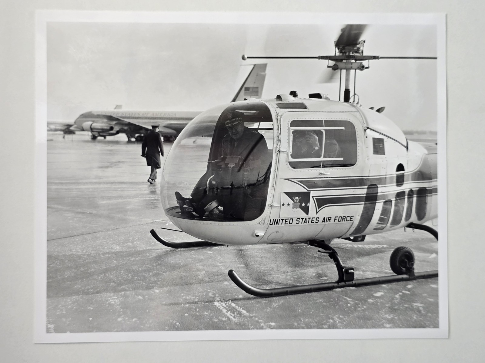 Eisenhower Era Bell H-13J Helicopter With SAM 970 Boeing 707 Archive Photo