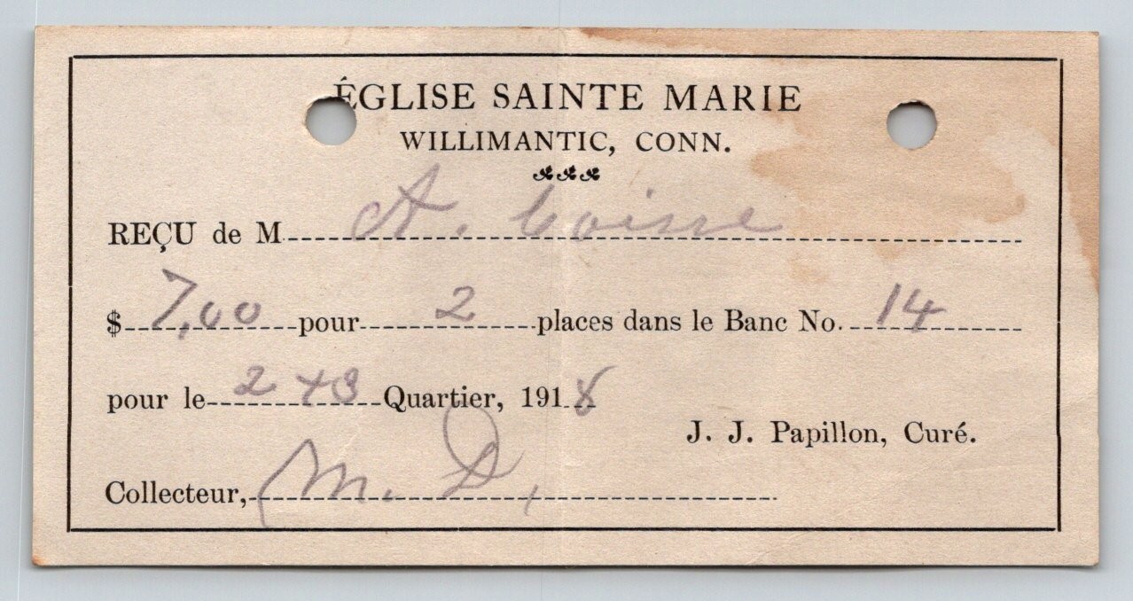 1914 Willimantic CT Connecticut St. Mary\'s Church Pew Rental Receipt Ephemera 1914 Willimantic CT Connecticut St. Mary\'s Church Pew Rental Receipt Ephemera
