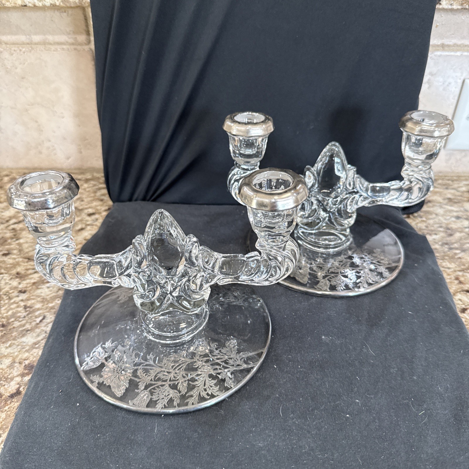 Set Of 2 New Martinsville Glass Co. Double Arm Teardrop Candelabra Etched Floral Set Of 2 New Martinsville Glass Co. Double Arm Teardrop Candelabra Etched Floral