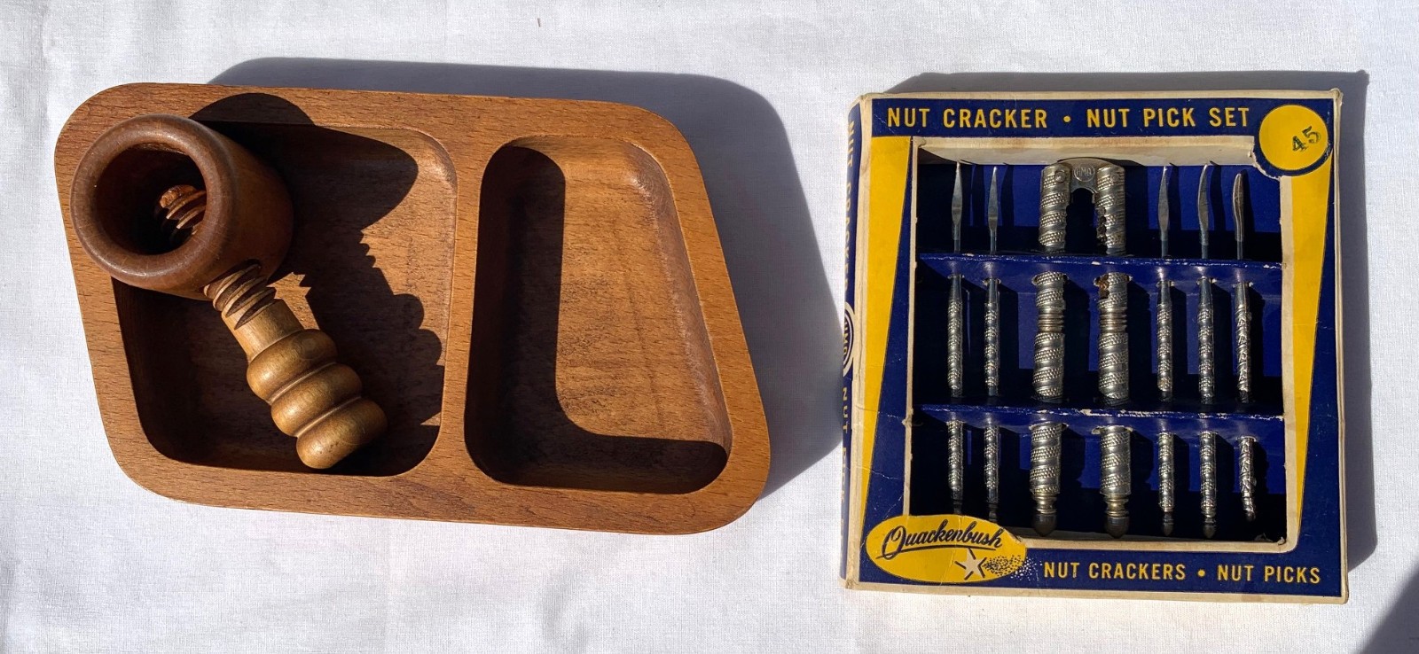 Vtg Wooden Threaded Screw Nutcracker/Mid-century Trapezoidal Tray/Quackenbush Se Vtg Wooden Threaded Screw Nutcracker/Mid-century Trapezoidal Tray/Quackenbush Se
