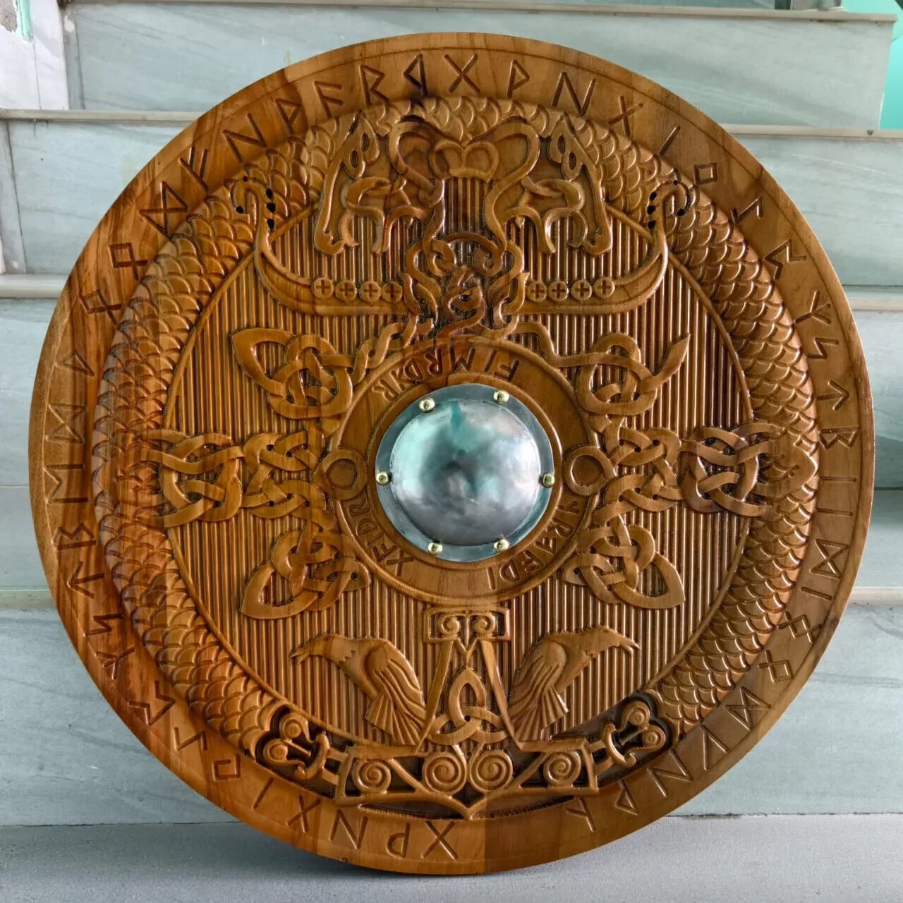 24\'\' Handmade Wooden Carved Viking Raven Wolf Design Shield Wall Décor Cosplay 24\'\' Handmade Wooden Carved Viking Raven Wolf Design Shield Wall Décor Cosplay