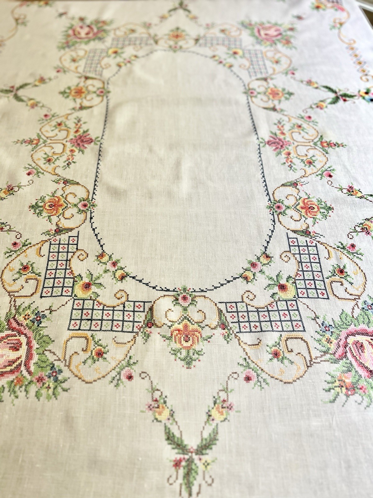 Vintage Linen Hand Embroidered Needle Work Tablecloth, Ornate Floral/Scrolls