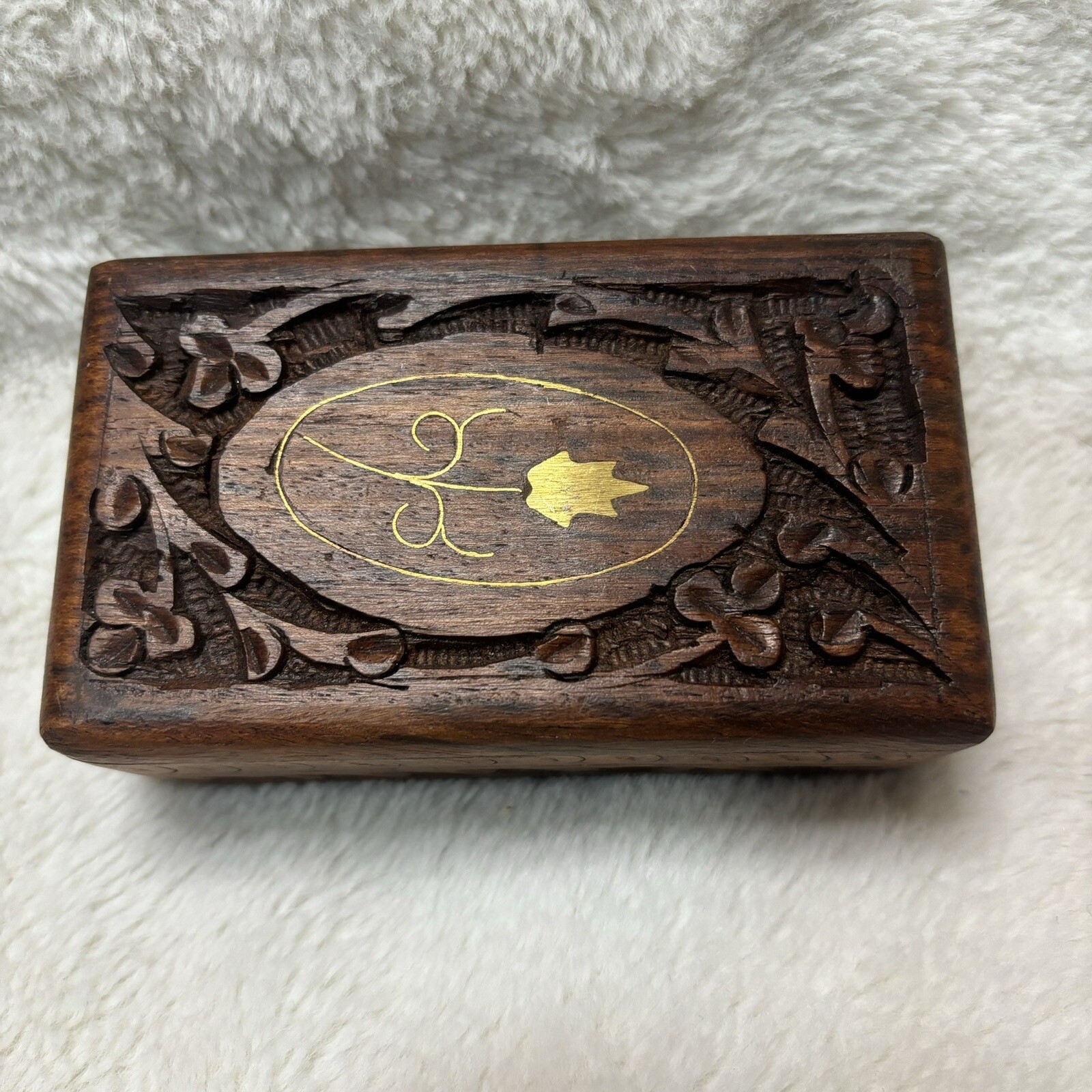 Vtg Hand Carved Wood Brass  Inlay Trinket Keepsake Box Made in India