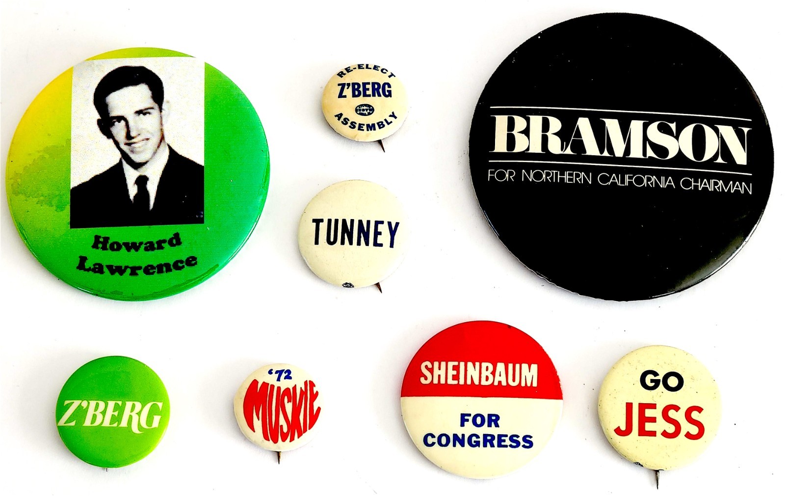 Lot of 8 Vintage California Political Campaign Buttons Pins Z\'Berg Tunney Muskie