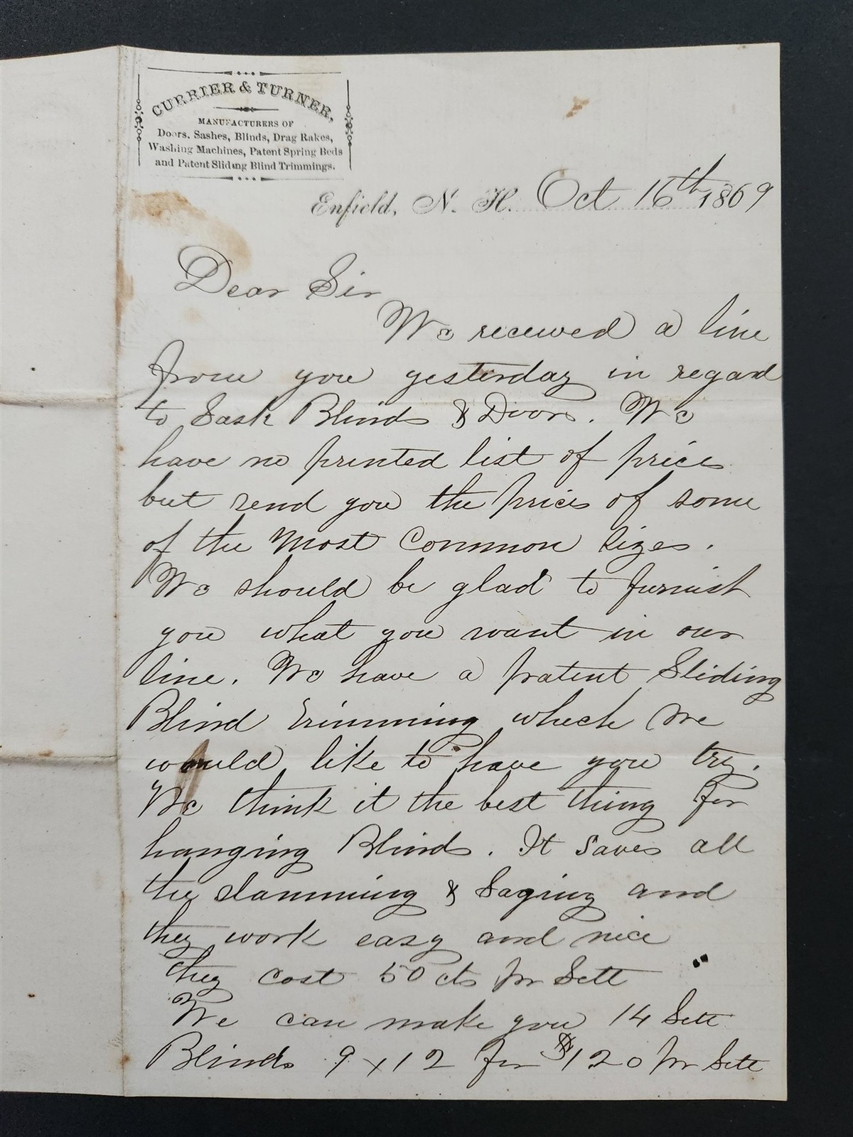 1869 antique CURRIER & TURNER enfield nh LETTER manufacturer door sashes blinds 