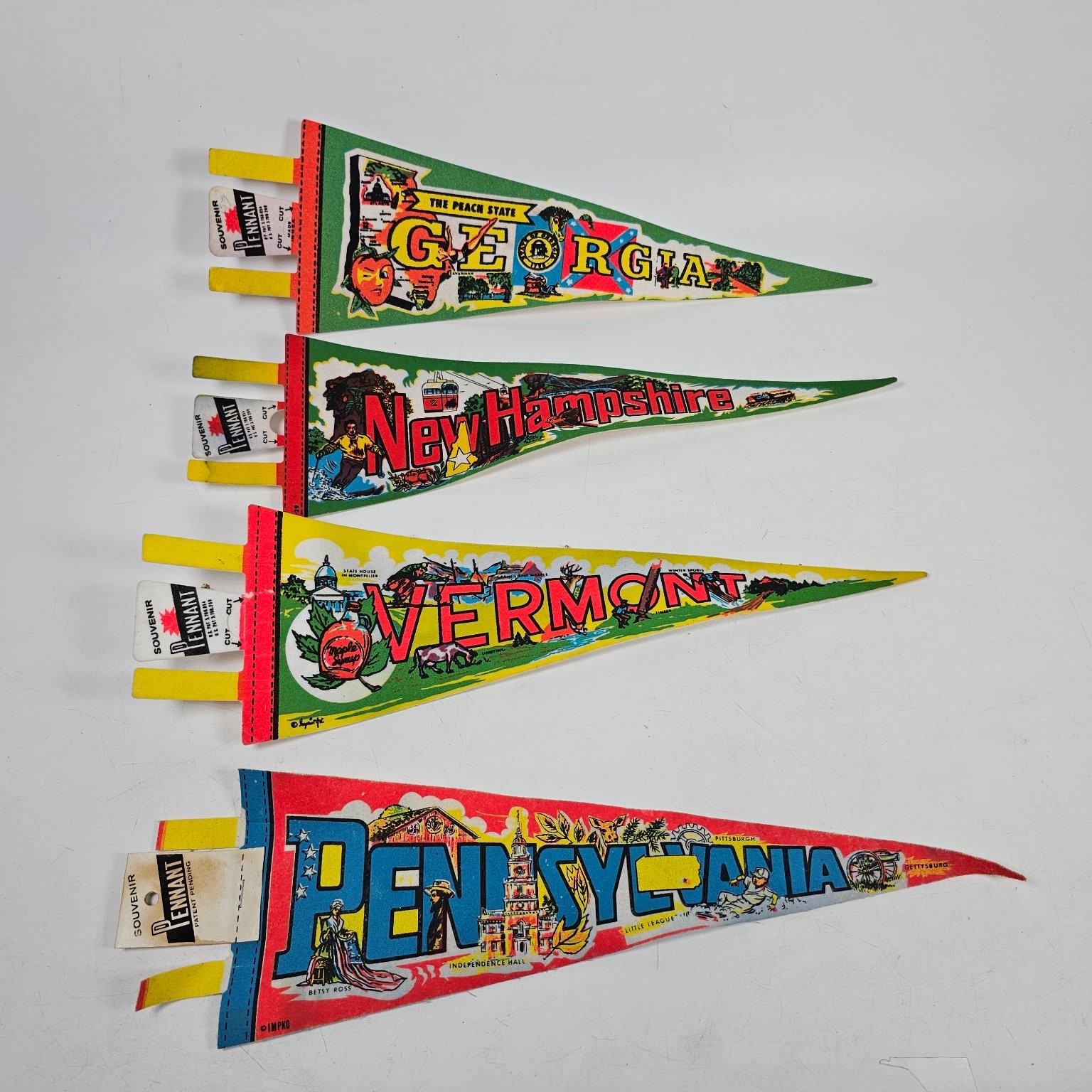 Lot of 4 Vtg Pennant Souvenir State Travel Flags Georgia VT NH PA Impko 1960s