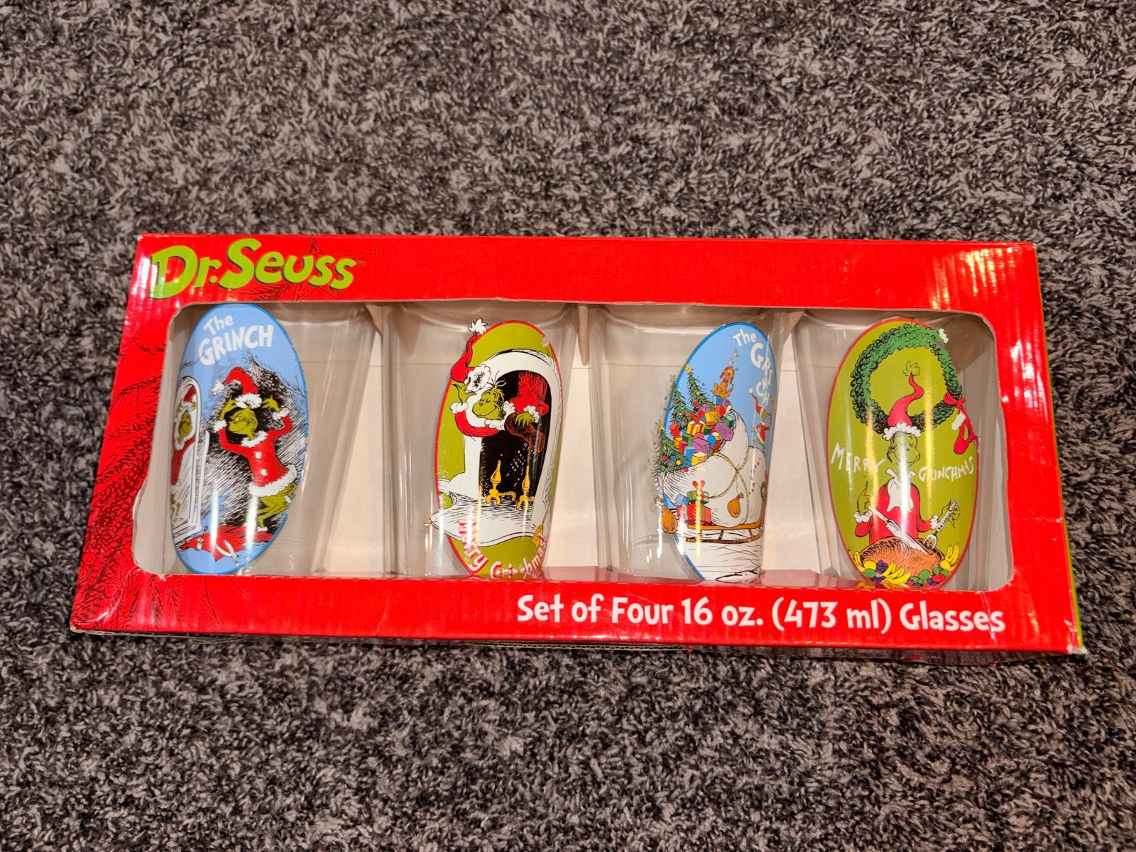 NEW 4 PACK DR SUESS HOW THE GRINCH STOLE CHRISTMAS 16 OX GLASSES