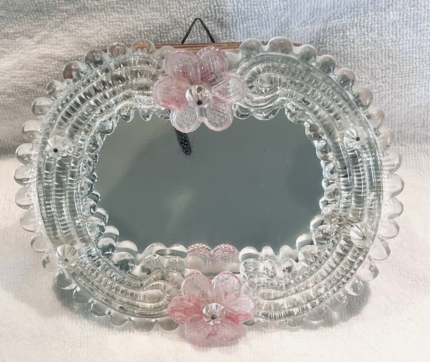 Antique Venetian Murano Glass Mirror Clear Glass with Pinkish Glass Flowers Antique Venetian Murano Glass Mirror Clear Glass with Pinkish Glass Flowers