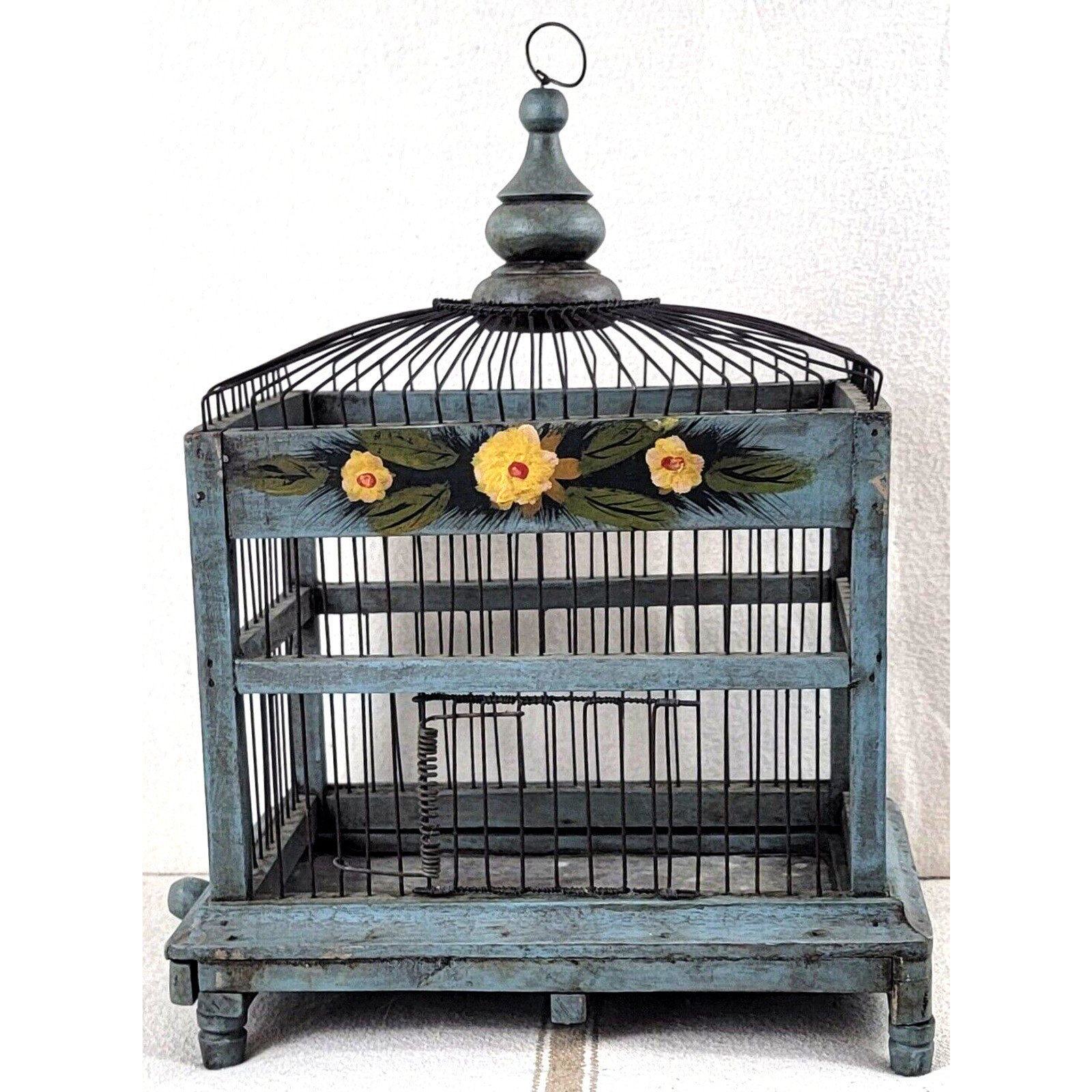 Vintage Hand Painted Wood Wire Birdcage Floral Cottage Farmhouse Decor 1970s