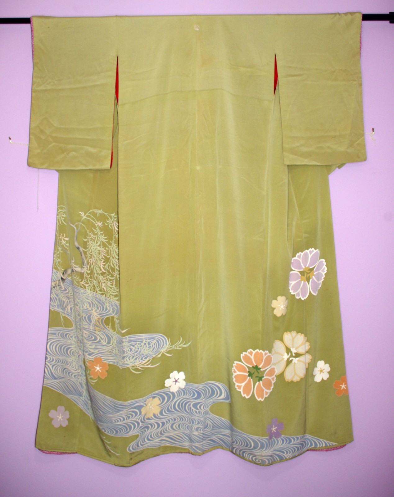 Matcha Green Geisha\'s Hikizuri Susohiki Silk Vintage Japanese Kimono US SHIP
