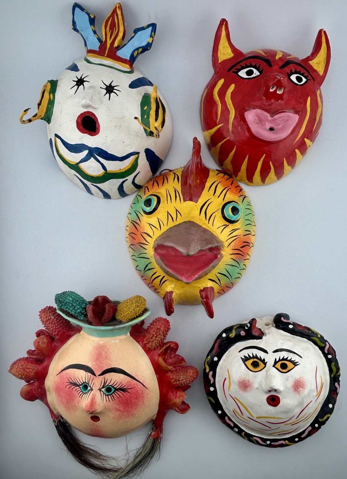 Mexican Folk Art Coconut Shell Masks Lot 5 Hand Painted Sun Devil 1970s VTG