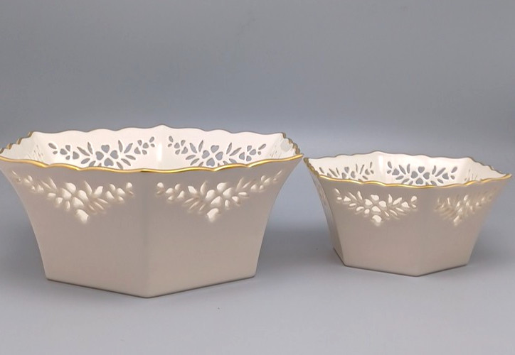 LENOX Shelburne Hexagonal Bowls with rim cutouts and 24K gold trim Set of 2