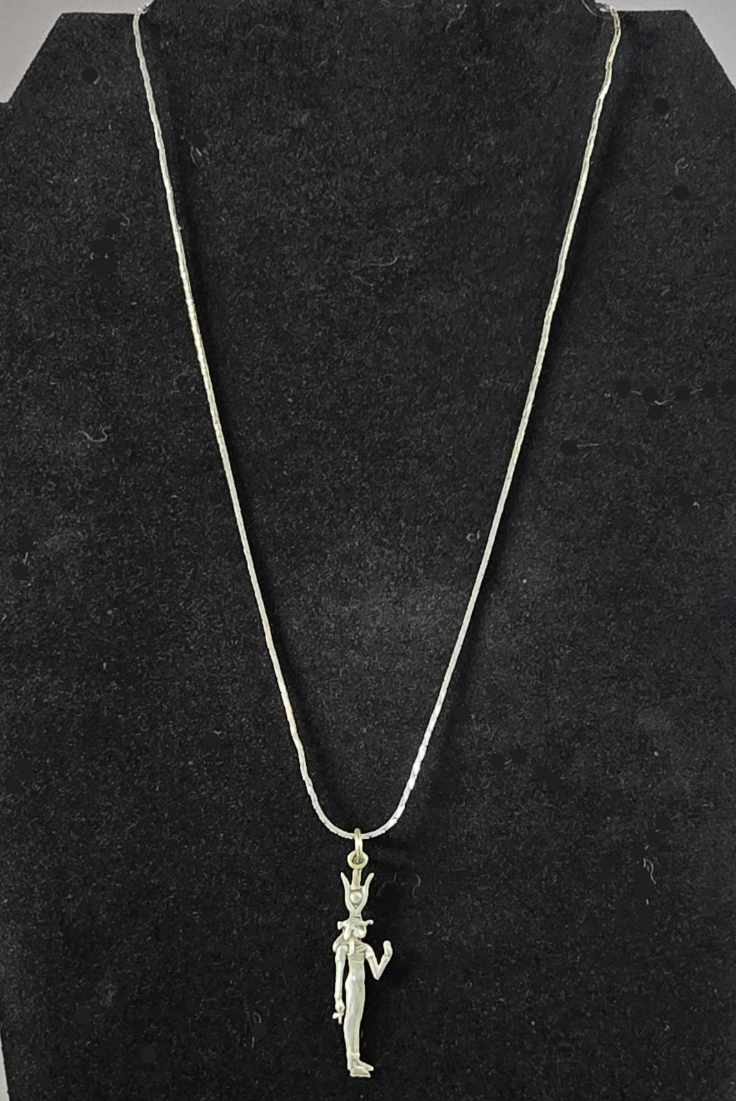 Vintage 1980s Isis Hathor Egyptian Goddess Pendant Necklace Silver Tone 18