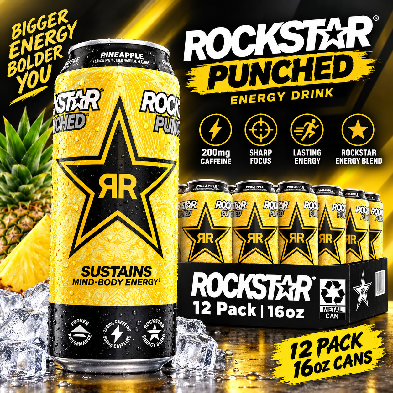 Rockstar Punched Energy Drink, Pineapple, 16 Fl Oz Cans (Pack of 12) Rockstar Punched Energy Drink, Pineapple, 16 Fl Oz Cans (Pack of 12)