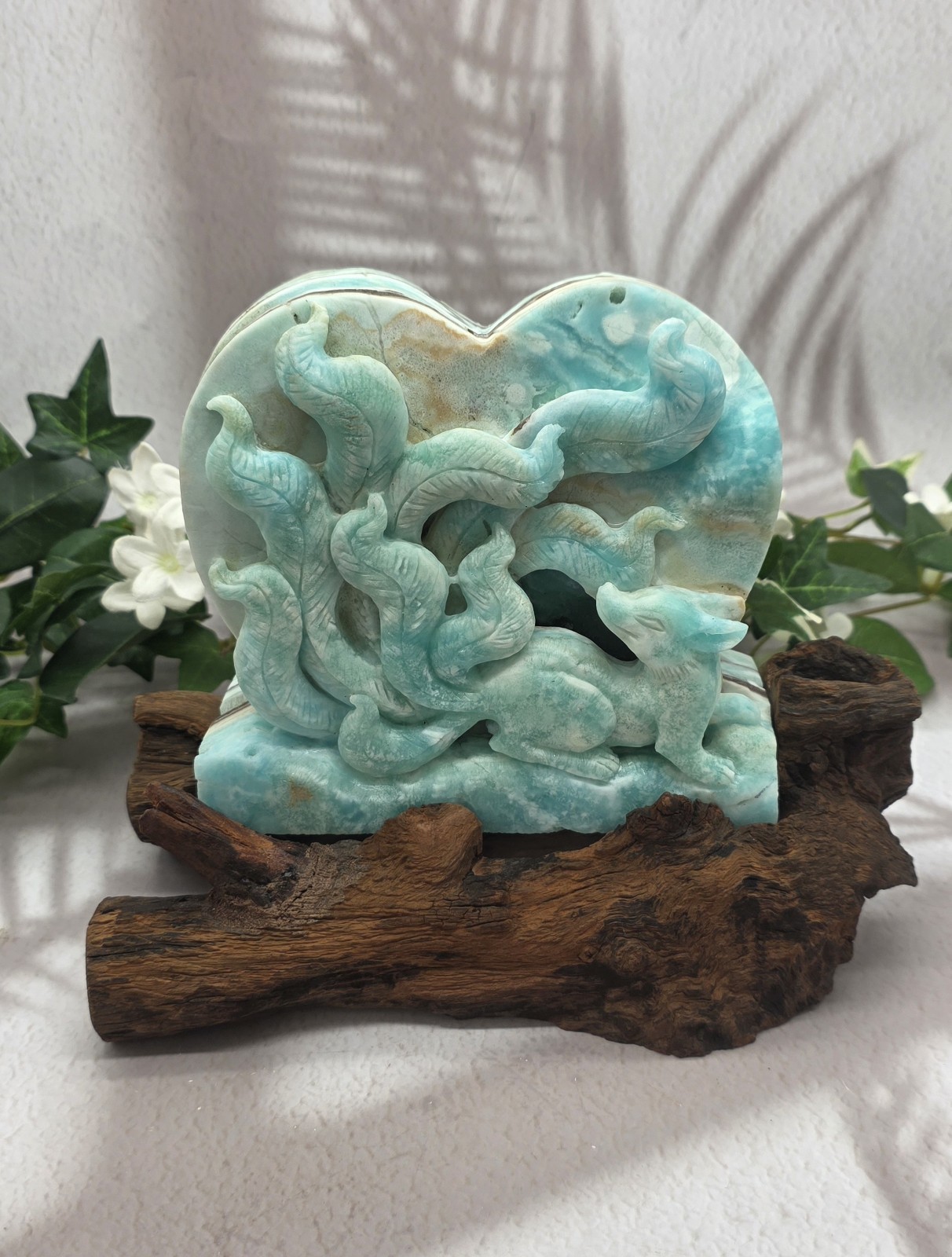 Large Hemimorphite Nine Tailed Fox Heart on Natural Wood Stand Gemstone Carving