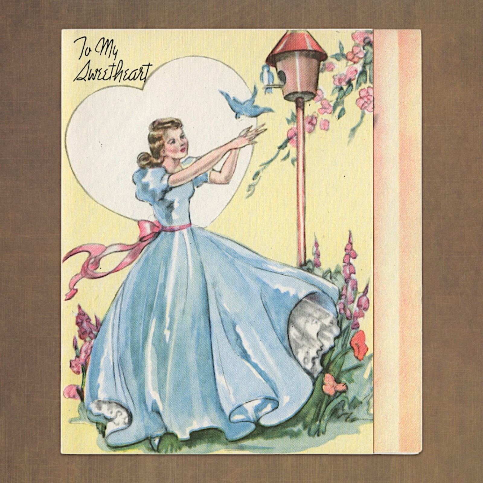 Unused Vintage 1940s Doubl-Glo TO MY SWEETHEART Love Card, Bluebirds Girl Dress