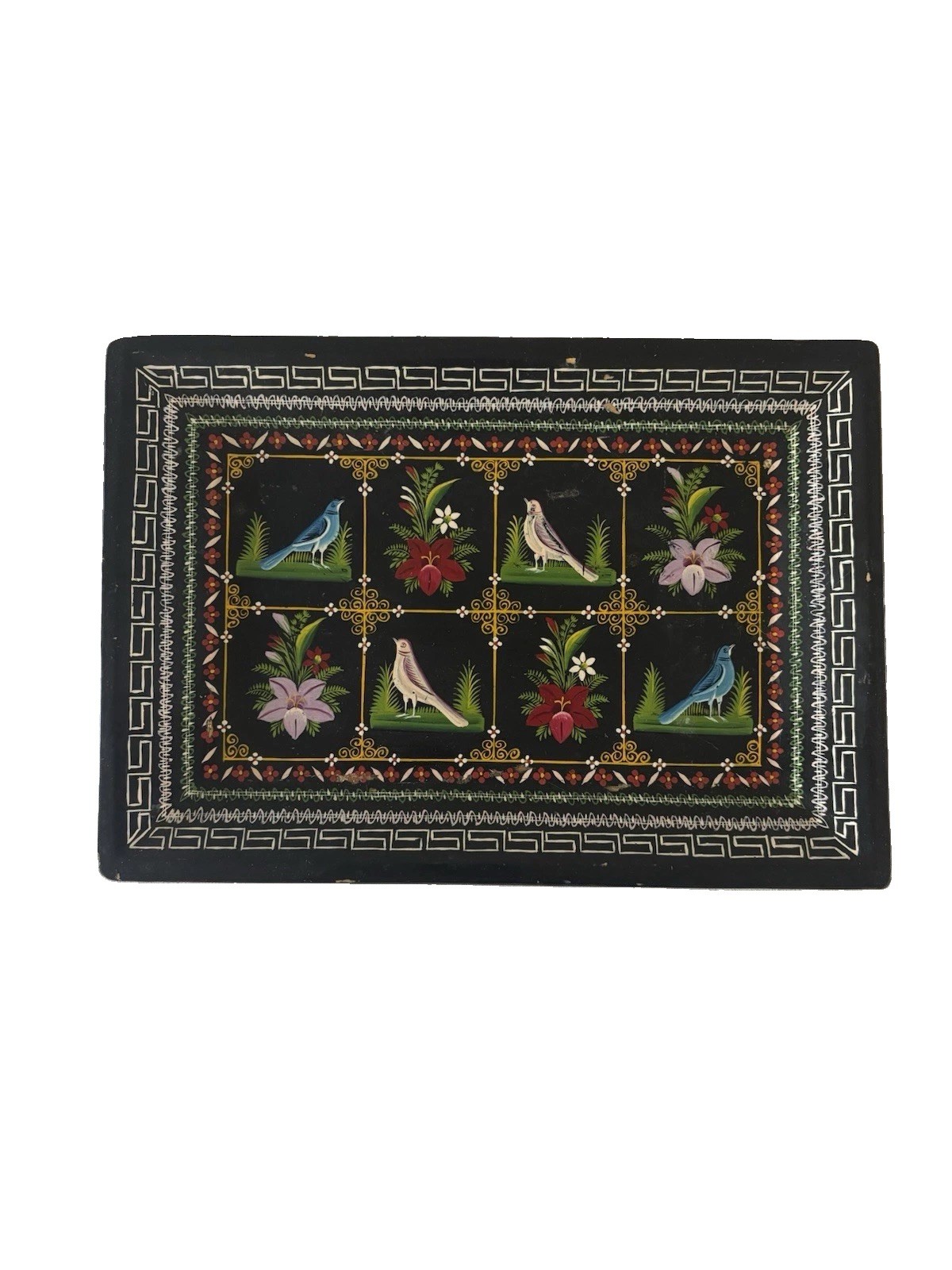 Vintage Mexican Olinalá Lacquerware Tray Hand-Painted Bird & Floral Motif