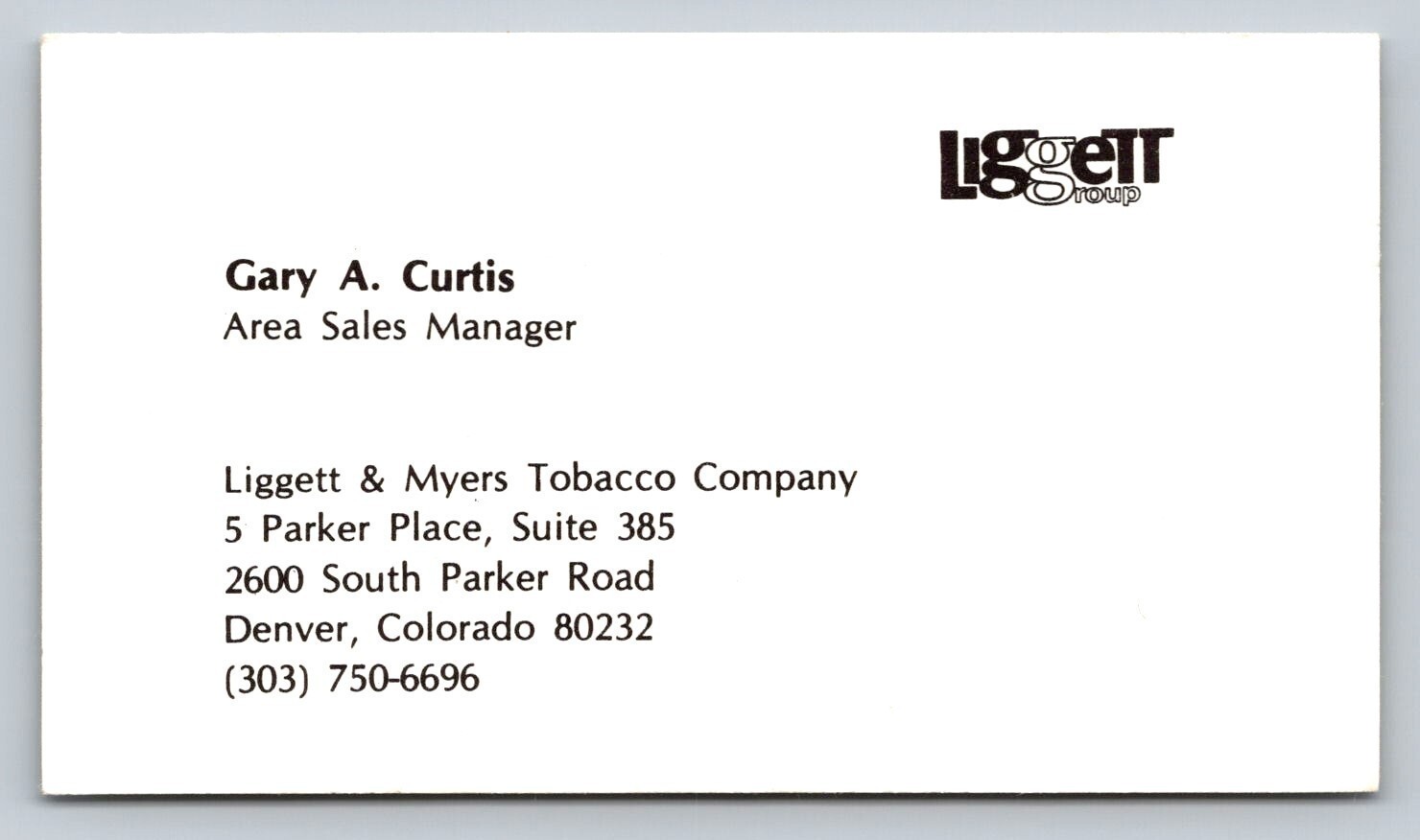 Vintage Business Card Liggett Group Meyers Tobacco Denver Colorado Gary Curtis Vintage Business Card Liggett Group Meyers Tobacco Denver Colorado Gary Curtis