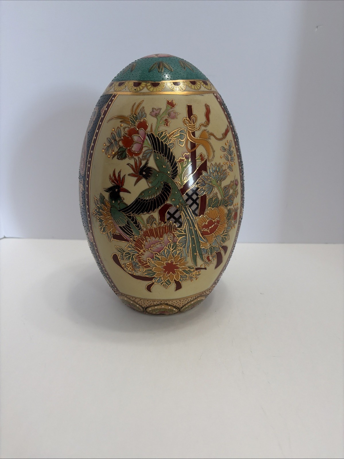Vintage K.O.K. Satsuma Style Porcelain Egg 10 Inch Hand Painted Gold Moriage 