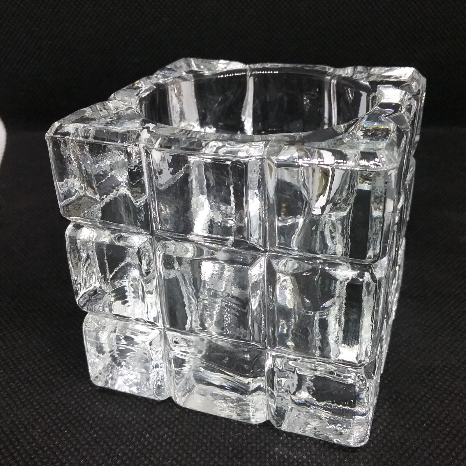 Votive Candle Holder Thick Clear Glass Cube Square Embossed Cube Lines 