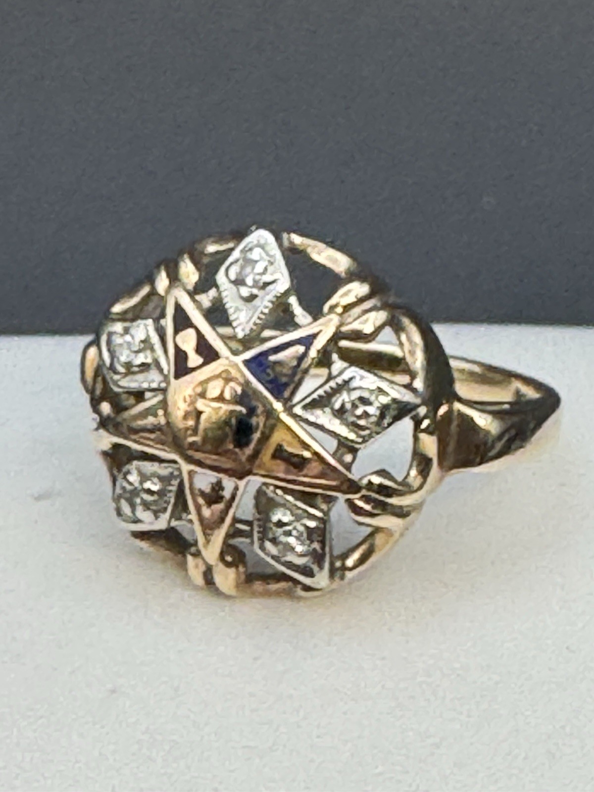 Vintage 10K Gold Ring FANTASY Eastern Star Symbolic Design w/ Diamonds Sz 5.75 Vintage 10K Gold Ring FANTASY Eastern Star Symbolic Design w/ Diamonds Sz 5.75