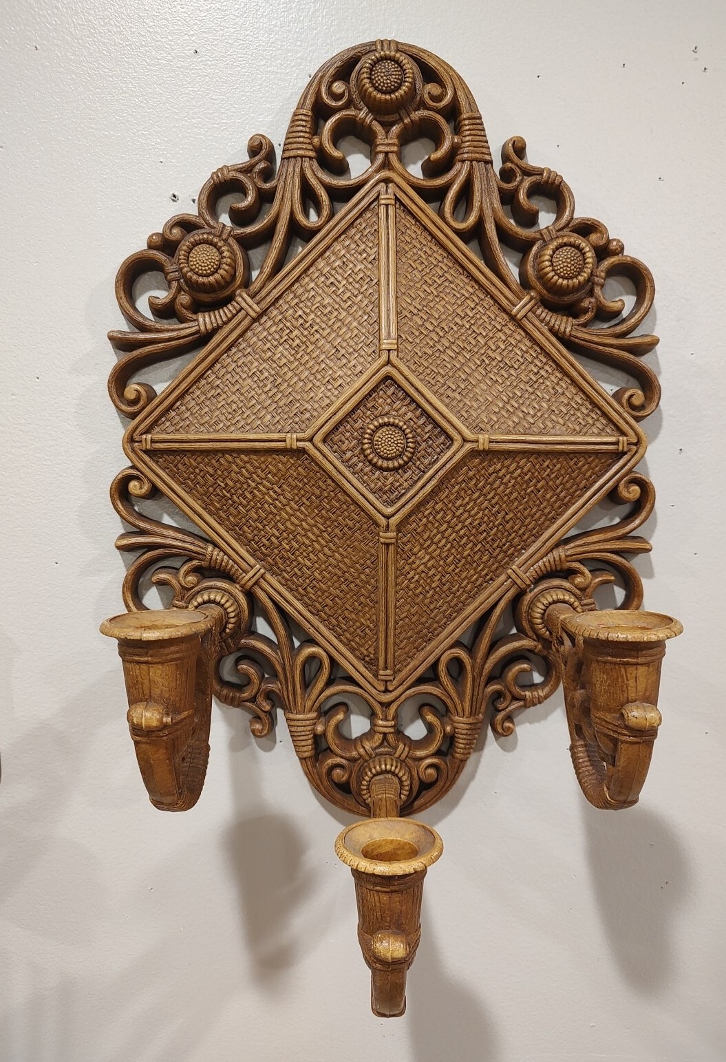 Vintage Dart Inc Homco Wall Sconce 3 Candle Holder 4213 Wicker Look Large 17