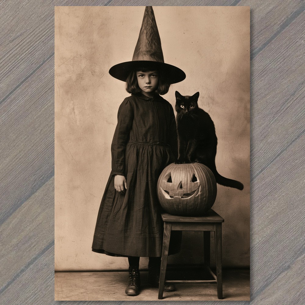 POSTCARD Black Cat Jack O Lantern Witch Hat Girl Halloween Sepia Portrait POSTCARD Black Cat Jack O Lantern Witch Hat Girl Halloween Sepia Portrait